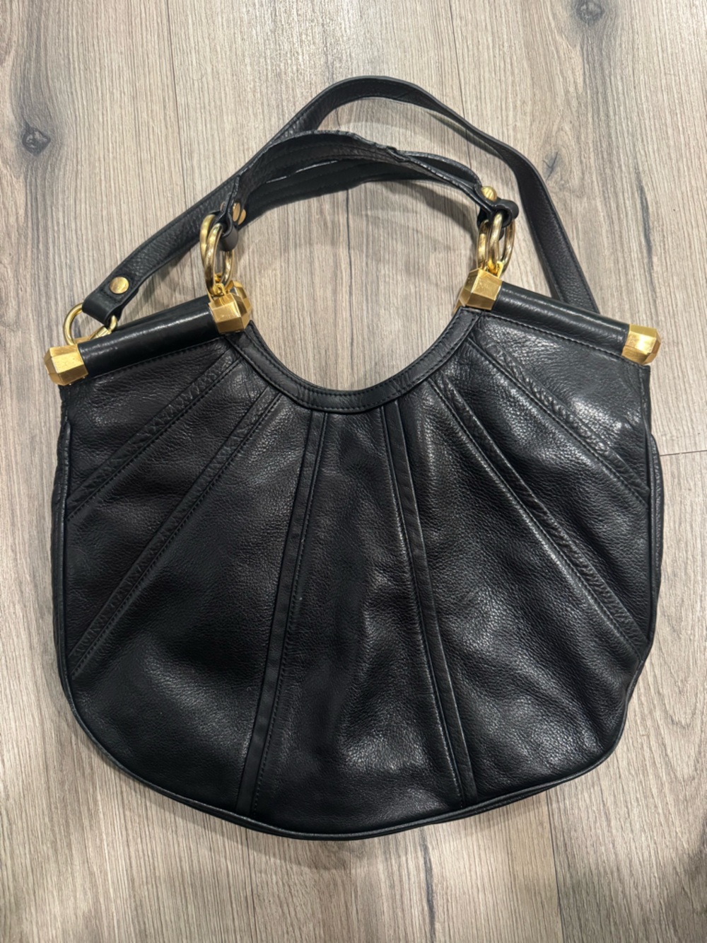 b. makowsky Black Leather Hobo Bag with Gold Hardware